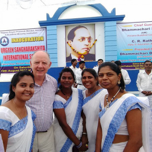 Prachi Adhau (left) with Subhuti (centre) at the inauguration of the school along with the other teachers