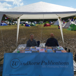 Our stall at Buddhafield last year, with volunteers Sarah and Chris. This year’s stall will be bigger and better!