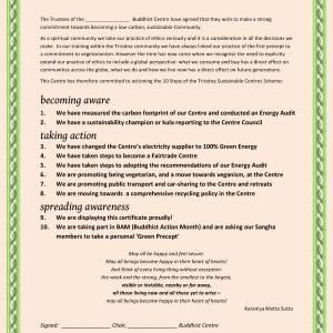 The Triratna Sustainable Centre Scheme certificate